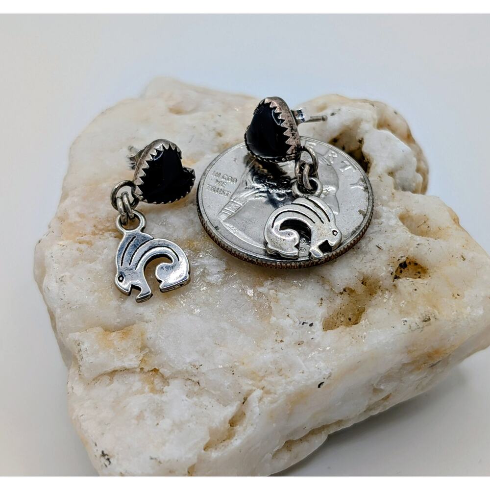 Rare NA Rabbit Totem and Blk Onyx Heart SS Earrings signed QT Quac Turquoise Inc - Picture 4 of 7